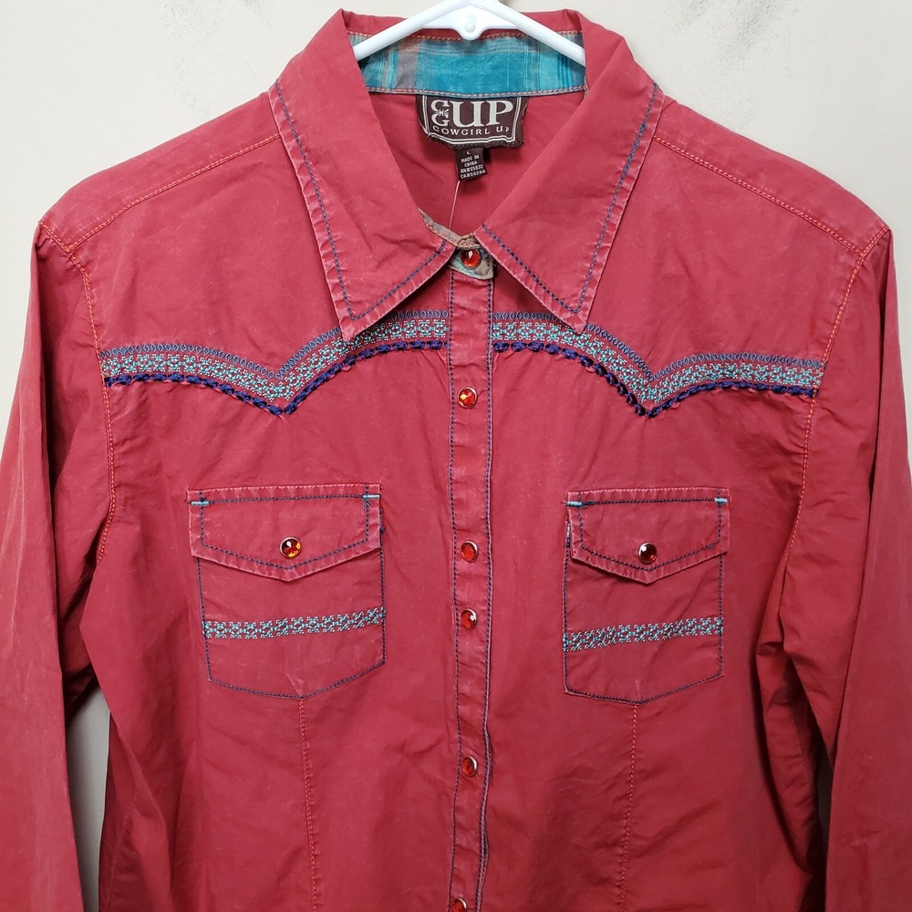 Western Long Sleeve Snap Womens Shirt L Large Cowboy Cowgirl Red Embroidered - Picture 4 of 8